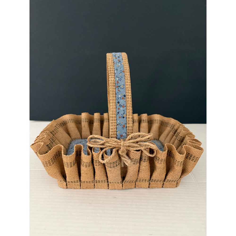 VTG Handmade Burlap Basket Farmhouse Primitive Rustic‎ Tan Blue Floral Handle